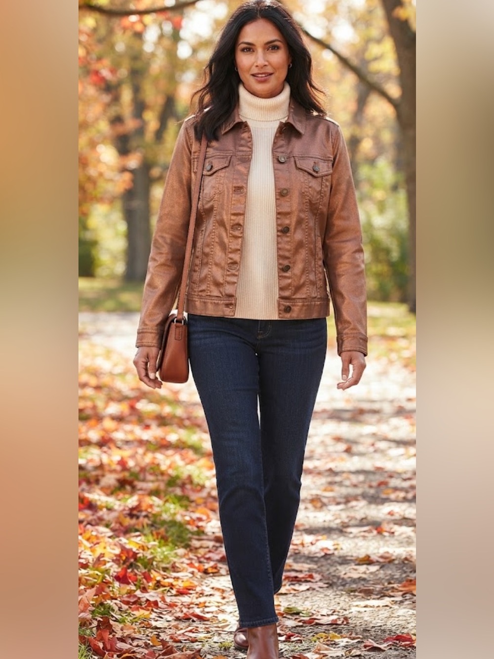 Lands’ End Metallic Shimmer Brown Bronze Coated Denim Jacket Women’s Size Medium